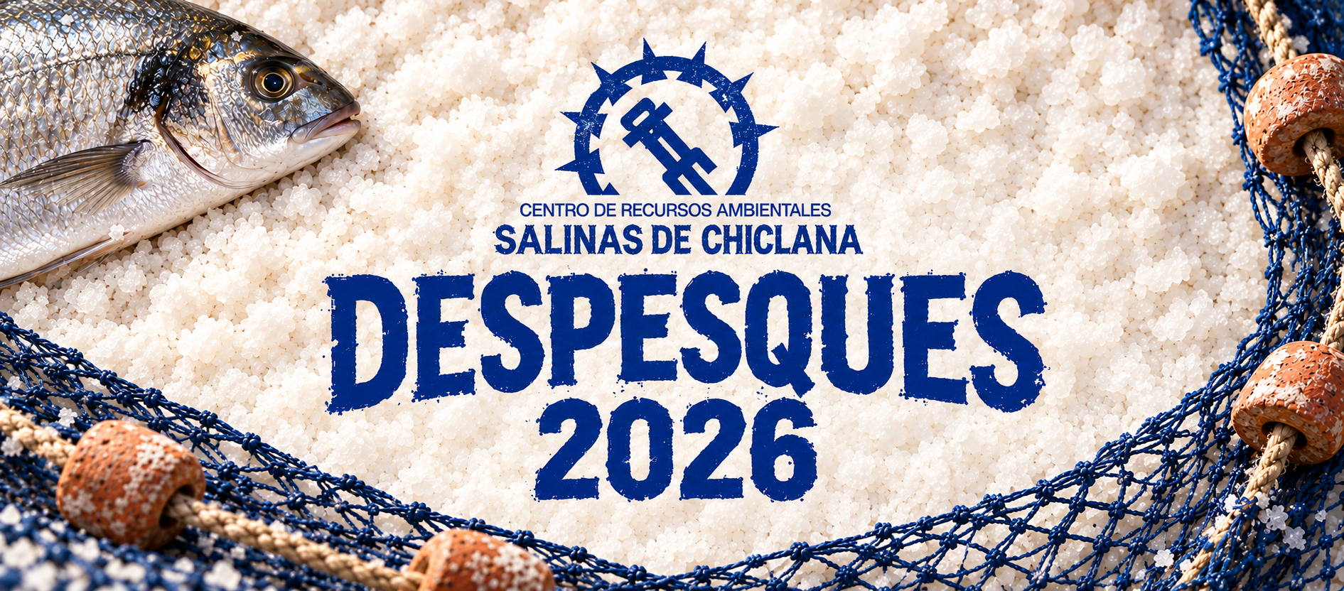 Despesques 2026: emblema de Salinas de Chiclana, dorada y red sobre granos de sal